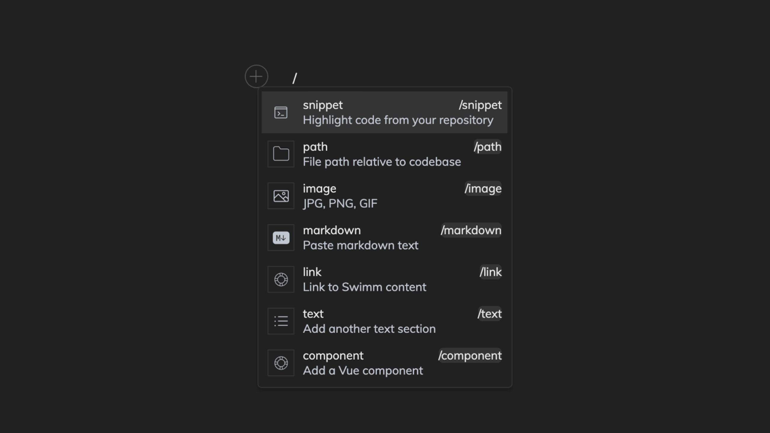 Swimm's document editor slash menu, including an option to insert a live Vue component.