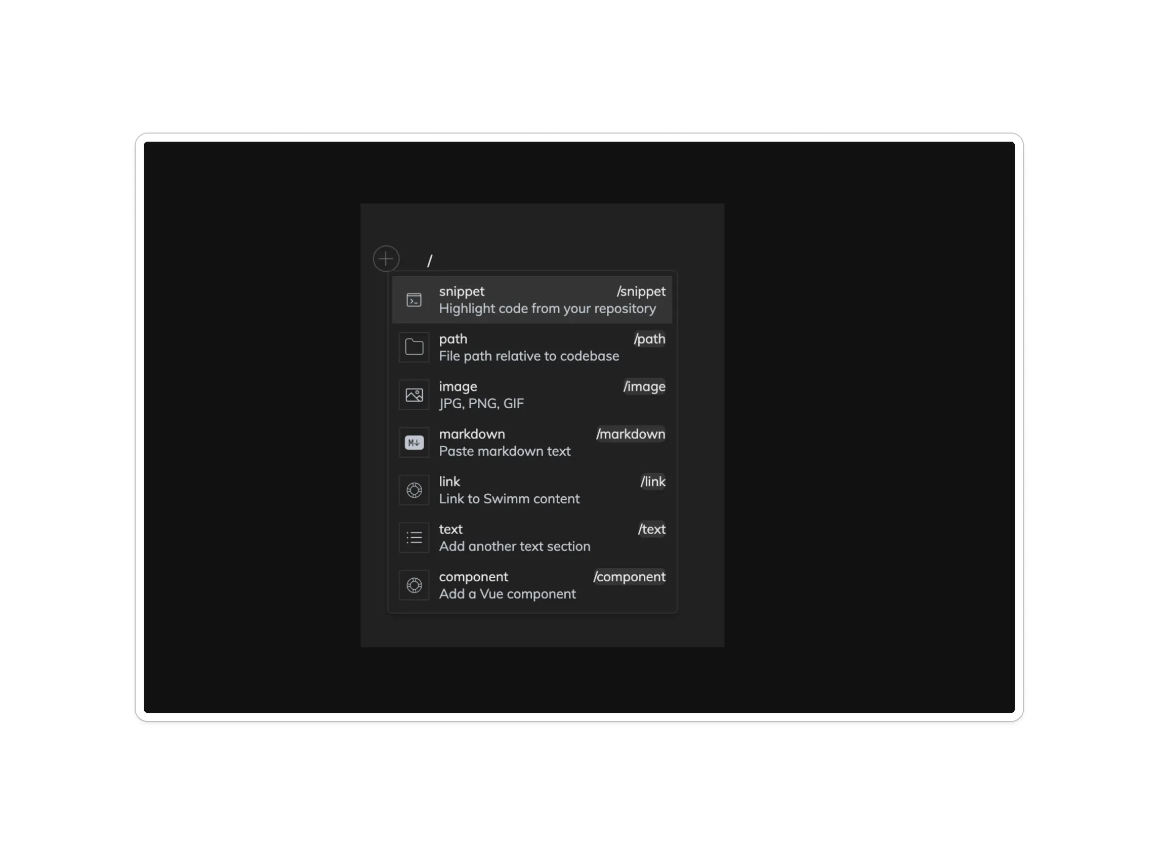 Swimm's document editor slash menu, including an option to insert a live Vue component.