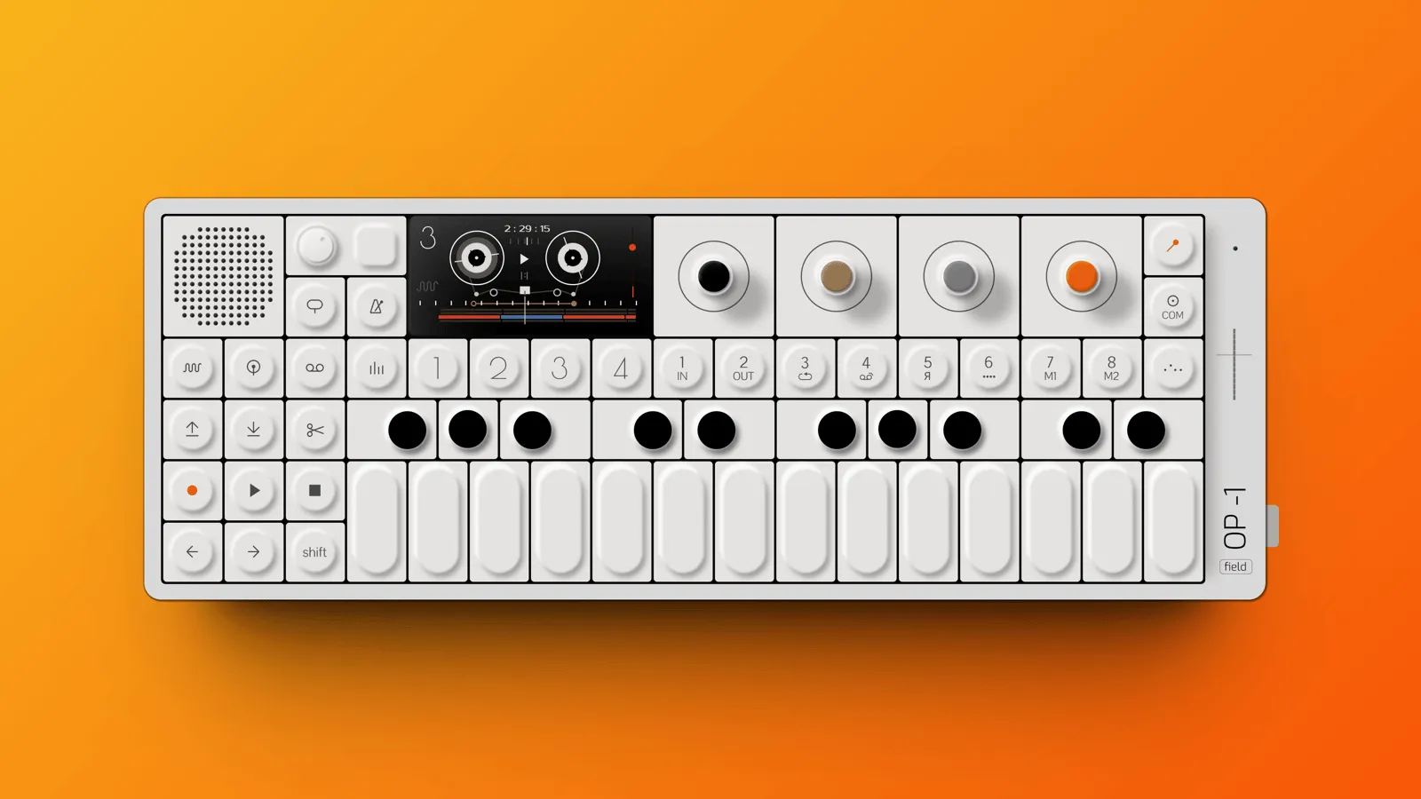 The OP-1 Field rebuilt in Figma: speaker grille, screen, four coloured encoders and the full key bed, rendered on an orange background.